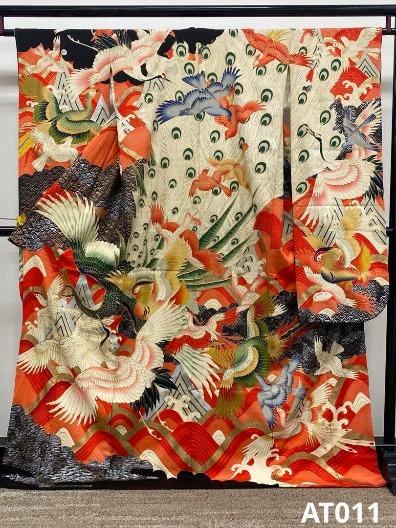 アンティーク 振袖 金駒 金彩 銀彩 孔雀 正絹 身丈170cm 紋付